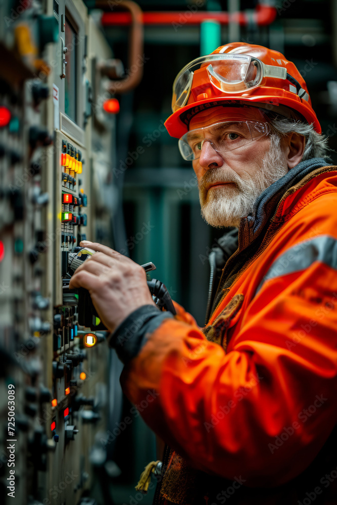 Seasoned electrical engineer in reflective gear working on a complex control panel Seasoned electrical engineer in reflective gear working on a complex control panel