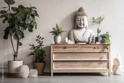 a meditation ritual. In front of a white Buddha head sculpture on the wall  a wooden chest of drawers with religious memorabilia and a green plant stands. Copyspace