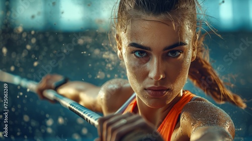 Focused female sports player with water splashing, intense gaze