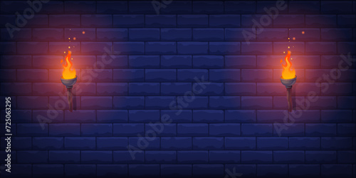 Burning torches mounted on a dark blue brick wall. The flames are bright and vibrant, with an orange-yellow hue. Medieval or fantasy. Stock Vector Illustration.