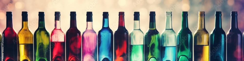 Banner background of overlapping wine bottles, multi coloured glass with blurred background. Wine industry Banner background of overlapping wine bottles, multi coloured glass with blurred background. Wine industry