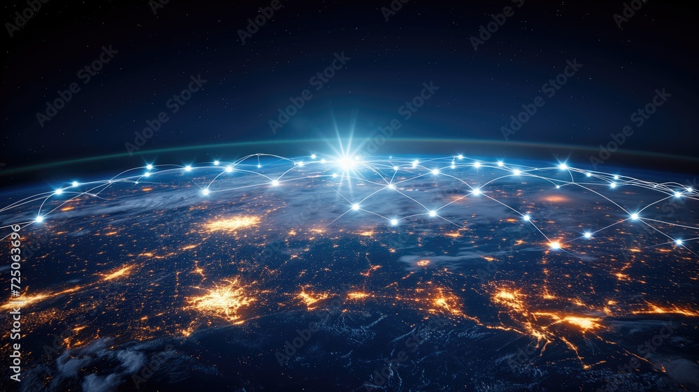 Obraz premium Digital representation of global connections above Earth at night