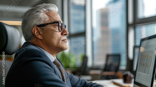 Focused senior executive analyzing financial data on a computer