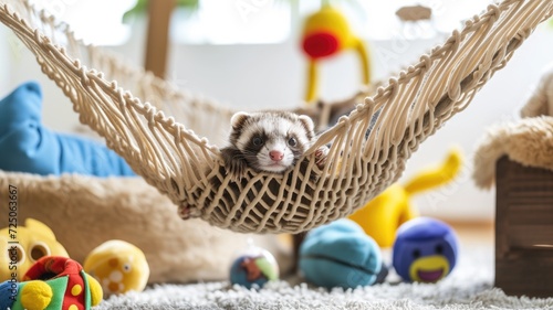 Cute ferret lying comfortably in a cozy hammock