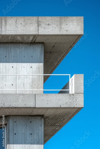 A stark close-up of a Neo Brutalist building's facade, highlighting the contrast between concrete and the clear blue sky photo