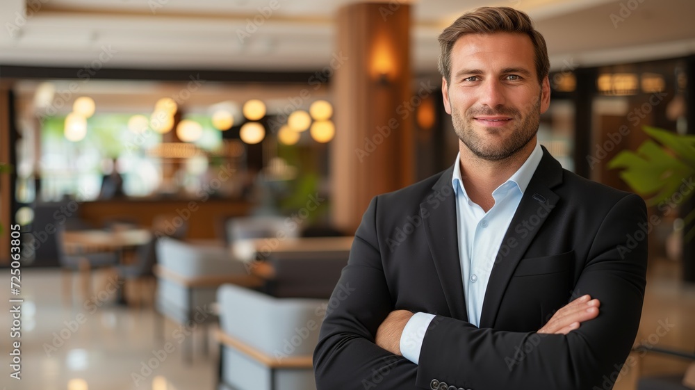 Smiling businessman with crossed arms standing in a modern office lobby Smiling businessman with crossed arms standing in a modern office lobby