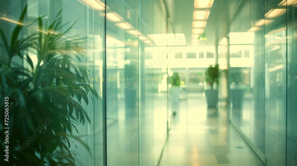 Office lobby with glass partitions and green plants Office lobby with glass partitions and green plants