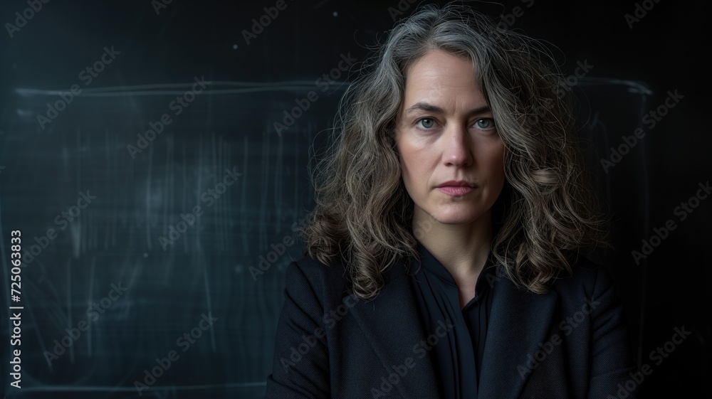 Serious businesswoman against a dark, blurred background Serious businesswoman against a dark, blurred background