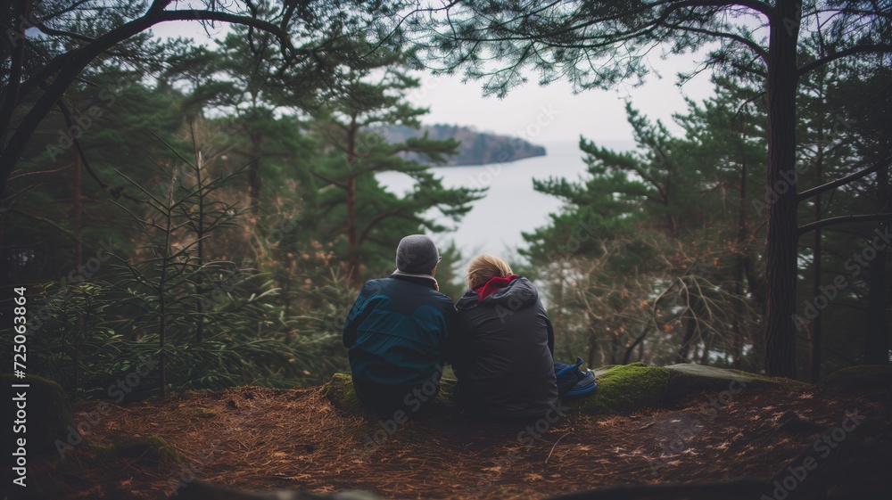 Back view of a couple sitting together overlooking a serene lake Back view of a couple sitting together overlooking a serene lake