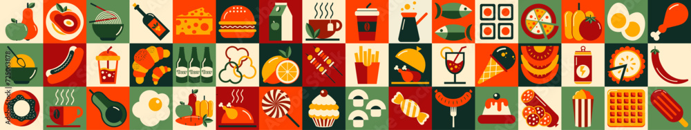 © Alia Shevcova - Set of colorful icons related to food and drinks. Abstract food and drink geometric pattern. Mosaic style. Collection of food icons. Vector illustration © Alia Shevcova - Set of colorful icons related to food and drinks. Abstract food and drink geometric pattern. Mosaic style. Collection of food icons. Vector illustration