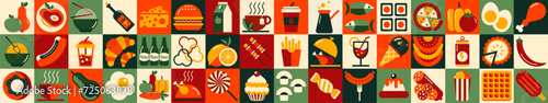 Set of colorful icons related to food and drinks. Abstract food and drink geometric pattern. Mosaic style. Collection of food icons. Vector illustration photo