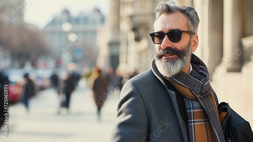 Fashionable mature man with sunglasses walking in urban scene © Татьяна Макарова