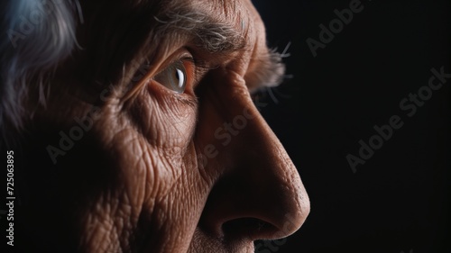 Dramatic close-up of a senior man's eye conveying deep emotion