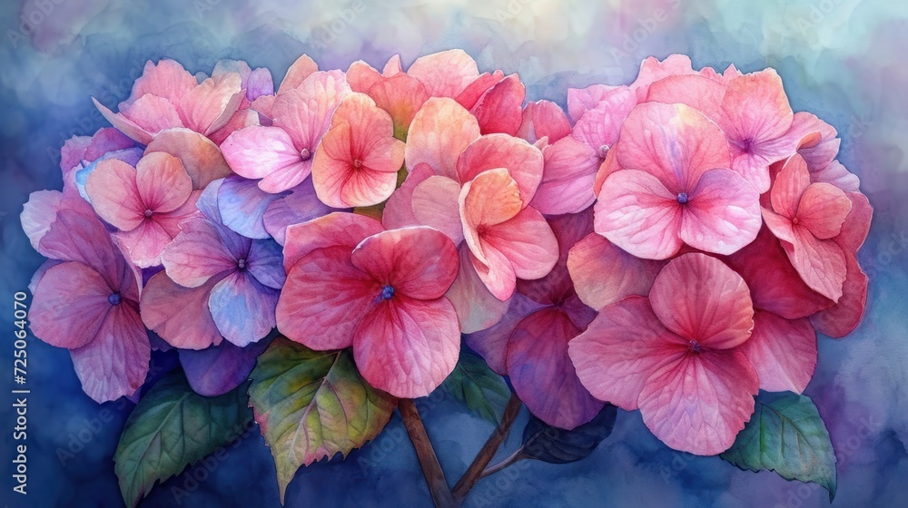  a painting of a bunch of pink flowers with green leaves on a blue and pink watercolouric background.