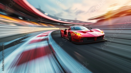 Race car racing on a track with speeding motion blur. 3D Render