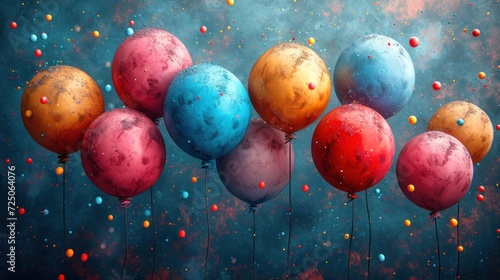  a group of balloons floating in the air with confetti all over the bottom of the balloons and on the bottom of the balloons.