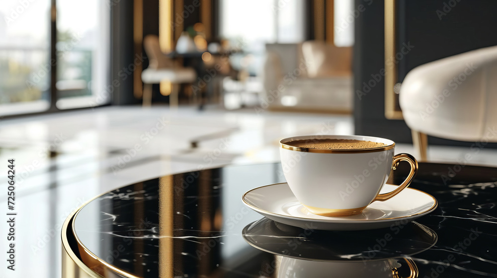 A cup of coffee in an elegant, luxurious and contemporary setting. A cup of coffee in an elegant, luxurious and contemporary setting.