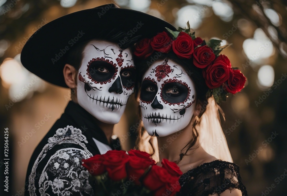 Portrait of couple dressed with skull masks to honor the dead in Mexico Portrait of couple dressed with skull masks to honor the dead in Mexico