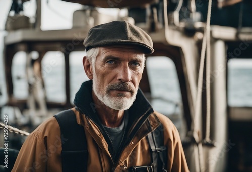 Portrait of an adult gray hair fisherman with a hat on a trawler boat