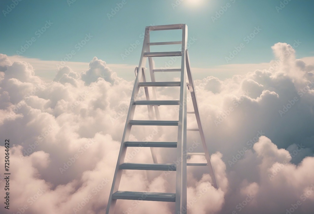Step ladder leading to the sun above clouds Growth future development concept with minimal pastel colors