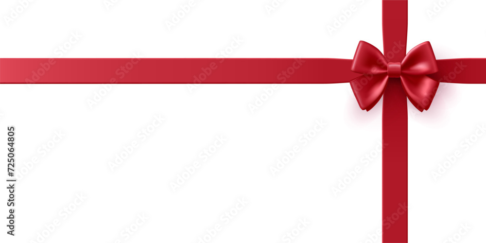 Red realistic ribbon with bow. 3D. View from above. Element for design and packaging of gifts, and goods for celebrations, birthdays. Vector Red realistic ribbon with bow. 3D. View from above. Element for design and packaging of gifts, and goods for celebrations, birthdays. Vector
