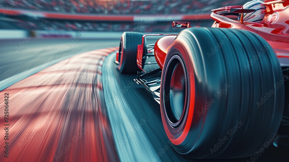Racer on a racing car passes the track. Motion blur background. 3D ...
