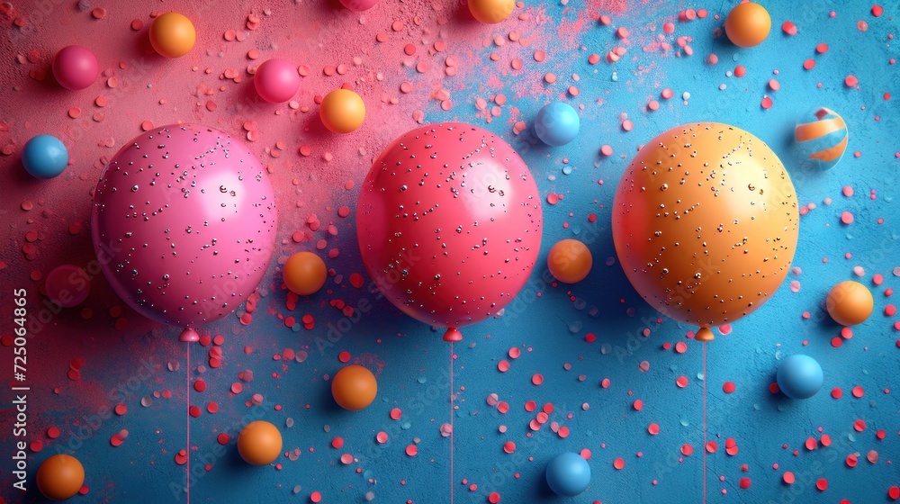 a group of three balls sitting next to each other on a blue surface with red, orange, and blue dots. a group of three balls sitting next to each other on a blue surface with red, orange, and blue dots.