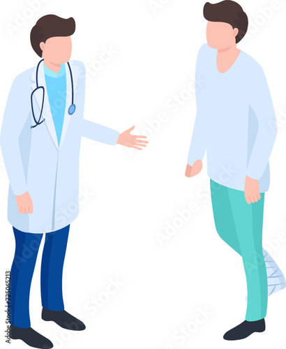 Doctor in white coat with stethoscope greeting patient in casual wear. Medical consultation, healthcare professionals and patient interaction vector illustration.