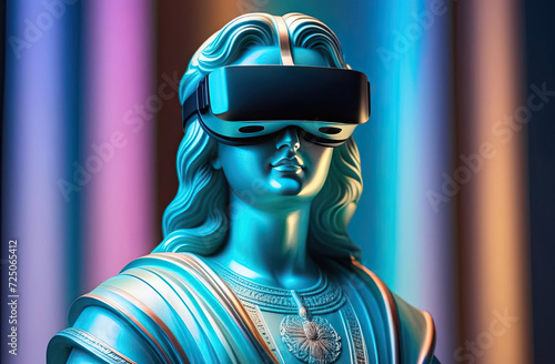 The sculpture of antique statue wearing VR glasses, holographic reflective metallic gradient colors. Technology, Contemporary art, Virtuality, video games concept.