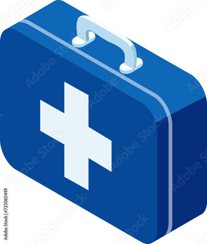 Isometric blue first aid kit with white cross. Medical emergency box for healthcare. Safety, first responder equipment vector illustration.