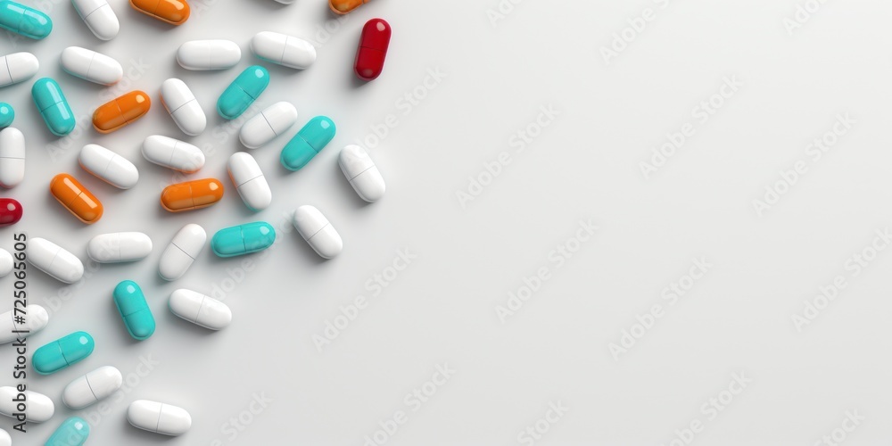 Pill Composition Background. Top View Of Capsules, Tablets with Copy Space. Health Concept, Pharmacy and Medical Treatment Pill Composition Background. Top View Of Capsules, Tablets with Copy Space. Health Concept, Pharmacy and Medical Treatment