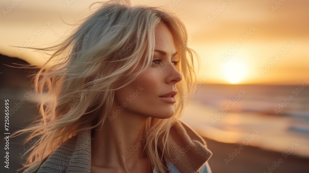 Fototapeta premium Serene Beachside Sunset and a Reflective Moment
