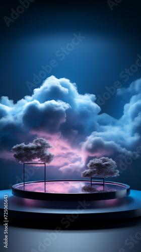 Dark blue background with round podium for product presentation, dark clouds on background with moon