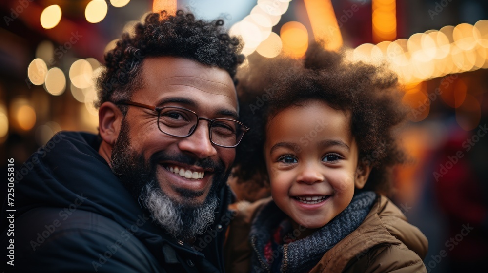 Smiling father and son with festive street lights. Smiling father and son with festive street lights.