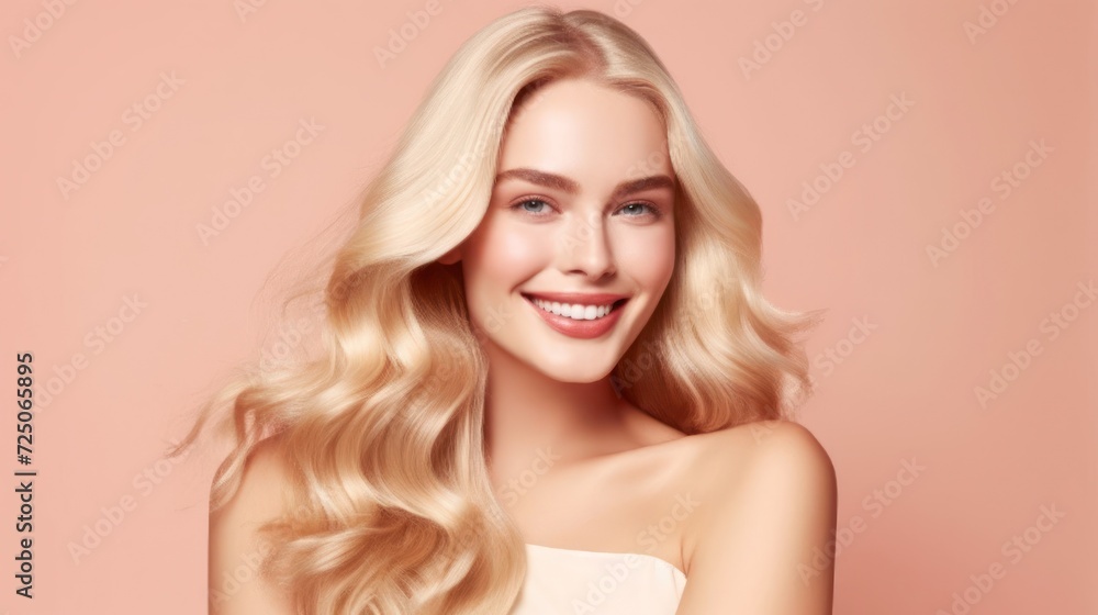 A women with long blonde wavy hair and bare shoulders, against a pink background A women with long blonde wavy hair and bare shoulders, against a pink background