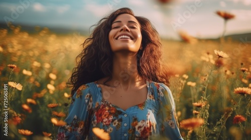 Blissful Woman in a Field of Golden Flowers