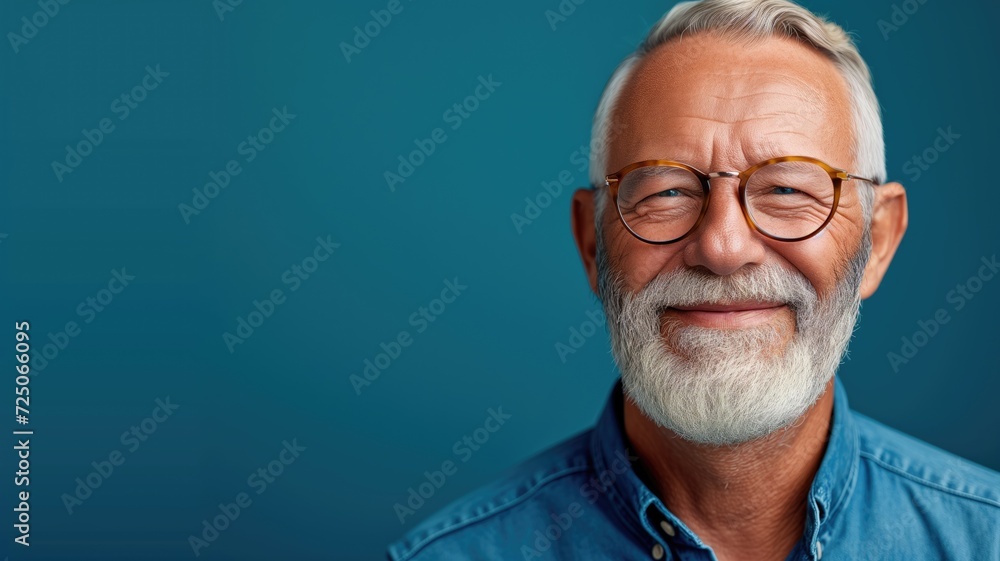A cheerful senior man with white beard and glasses smiling against a blue background A cheerful senior man with white beard and glasses smiling against a blue background