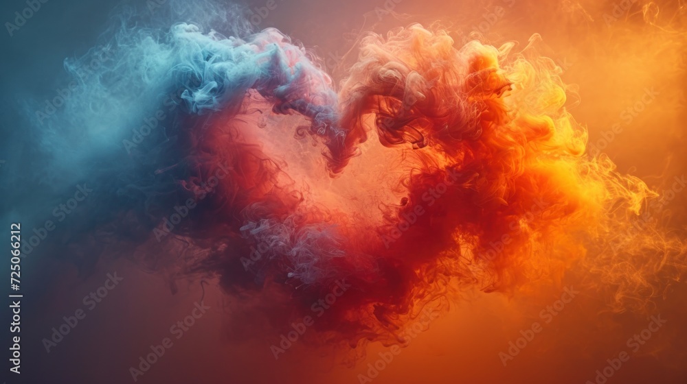  colorful smoke in the shape of a heart on a black and orange background with a red and blue smoke cloud in the shape of a heart.