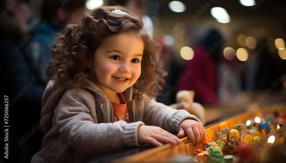 Smiling child enjoying Christmas lights and decorations generated by AI Smiling child enjoying Christmas lights and decorations generated by AI