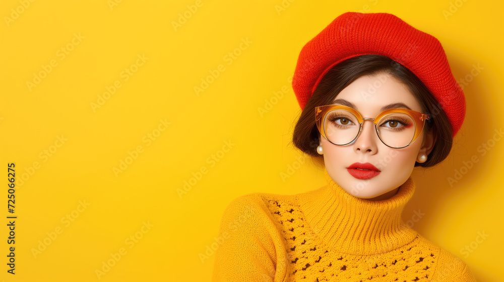 Young woman in yellow turtleneck and red beret against yellow background