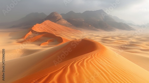  a desert landscape with sand dunes and mountains in the distance with a cloudy sky in the middle of the picture.