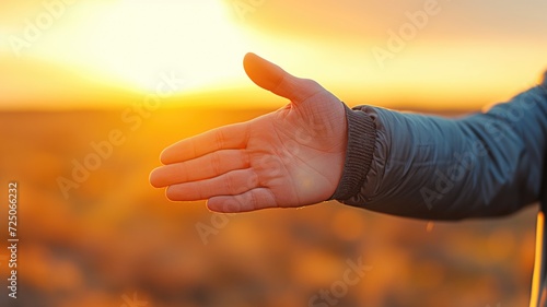 A powerful image of a human hand reaching out towards a sunset, conveying hope and aspiration © Татьяна Макарова