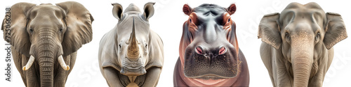 Pachyderm animal bundle, portraits of an african elephant, rhinoceros, hippopotamus and an asian elephant isolated on a transparent background