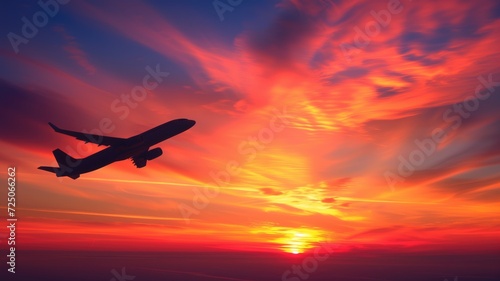 Commercial airplane ascending against a fiery sunset sky
