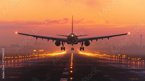 Airplane landing on runway at sunset, aviation concept