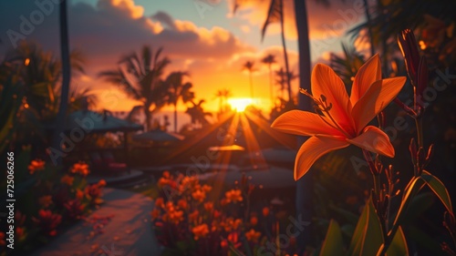 Vibrant orange flowers against a stunning tropical sunset
