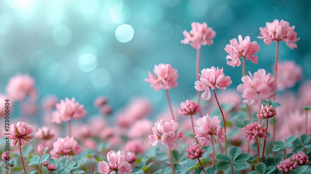 Obraz premium a field of pink flowers with green leaves on the top and bottom of the flowers is blurry in the background.