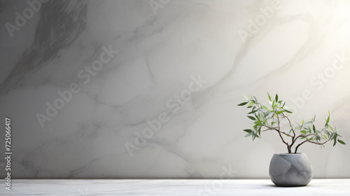 White marble table with tree shadow on concrete wall