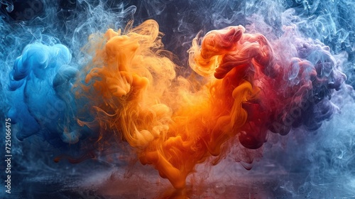  a group of colored smokes floating in the air on a blue and red background with a black background behind it.