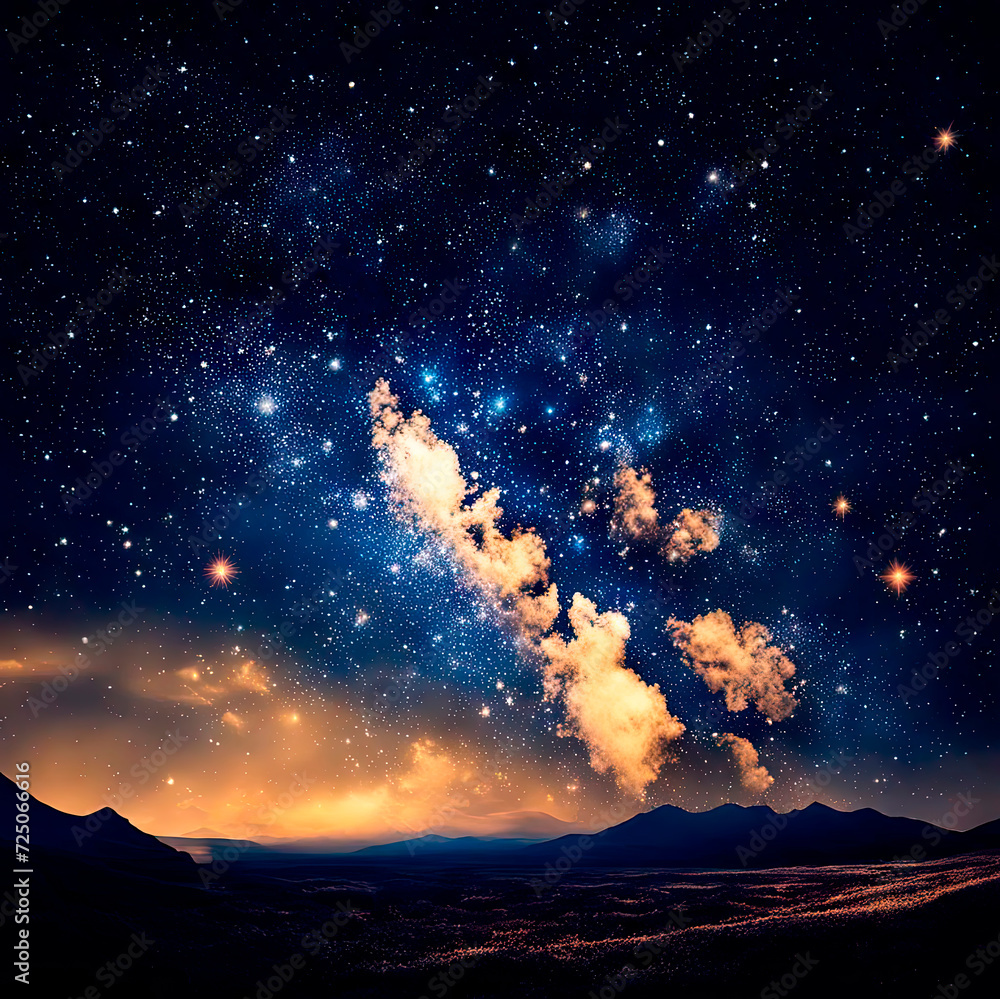 A beautiful landscape: the starry sky and the Milky Way over the valley. Dark silhouettes of hills and mountains are visible below.